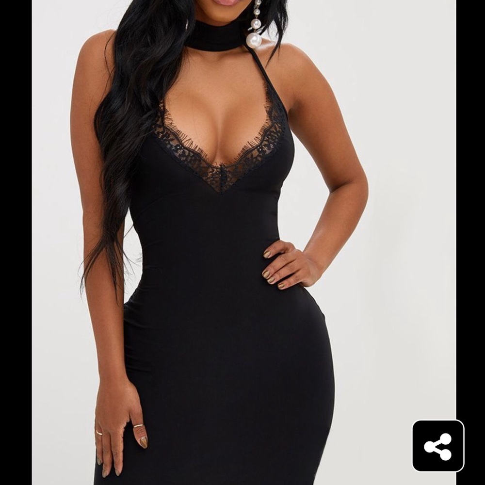 Black lace trim plunge choker dress